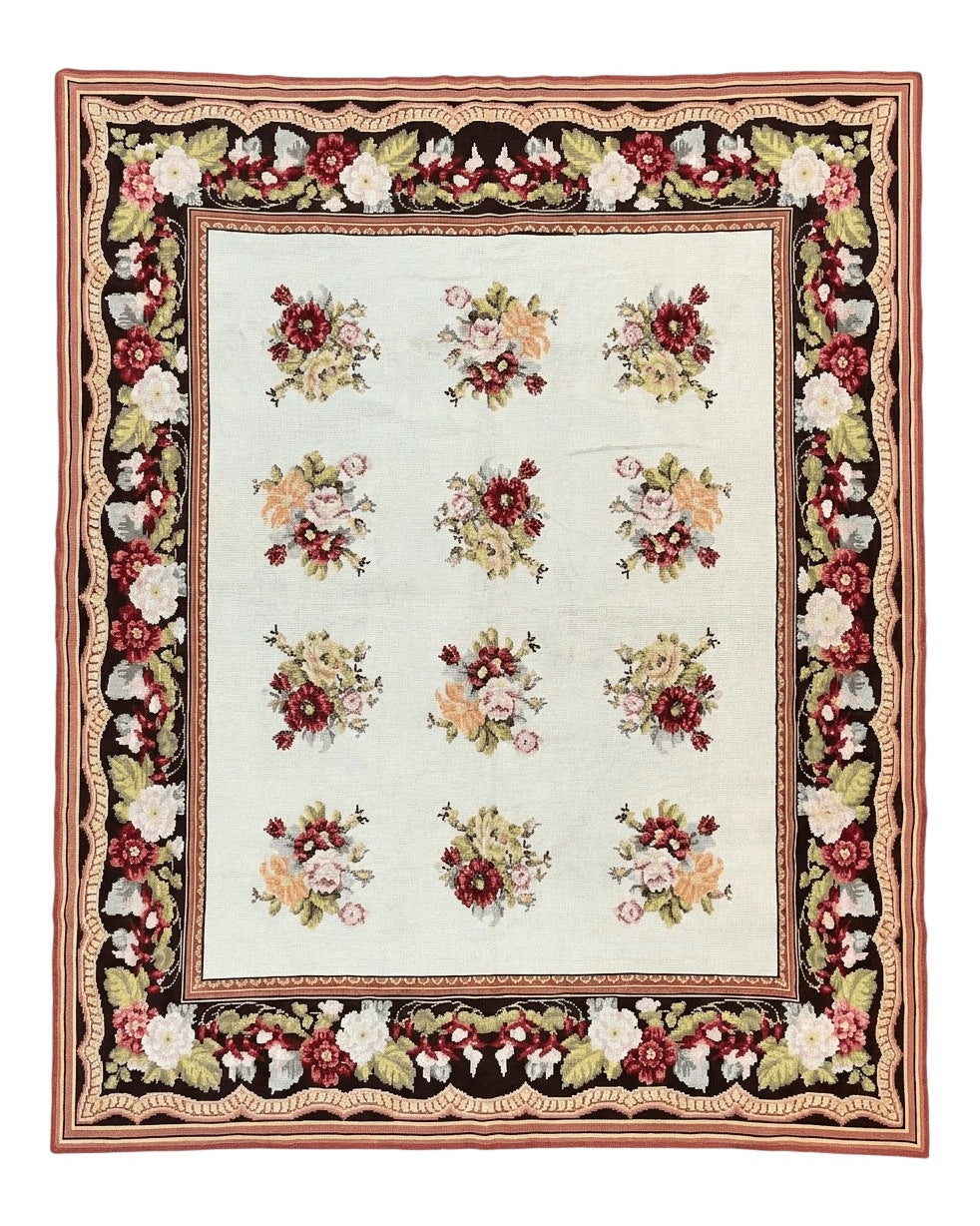 Portuguese Needlepoint Rug 8x9, Vintage Rug 8 x 9 ft, Ivory Dark Brown Hand-Woven Wool Portuguese Carpet, European Rug - Jewel Rugs