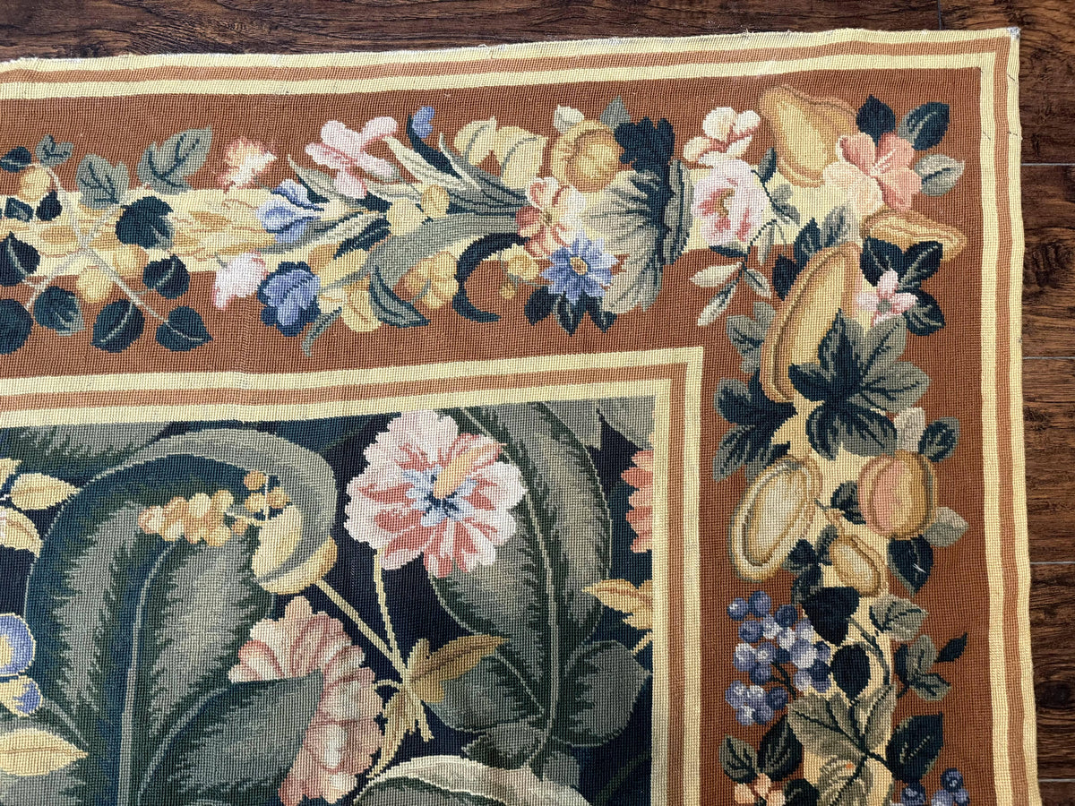 Needlepoint Rug 8x10, Vintage, Handmade, Wool, Green, Leaves & Fruits - Jewel Rugs, view 8