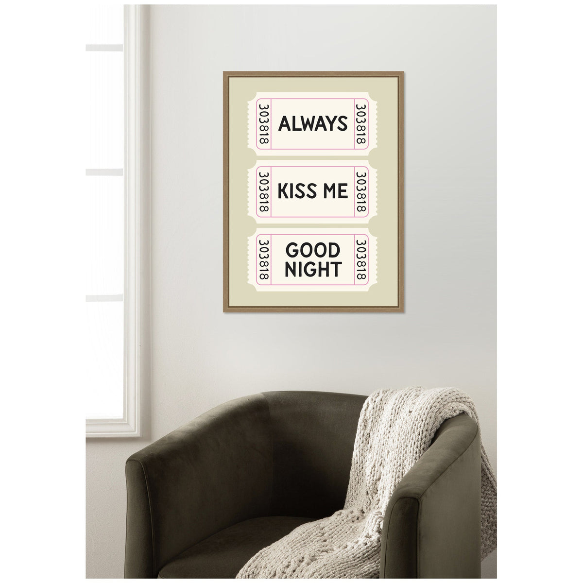 Above Bed Decor, Always Kiss Me Goodnight Ticket Print, Sage Green Wall Art Retro Poster by Lucky Guava Framed Canvas Wall Art Print