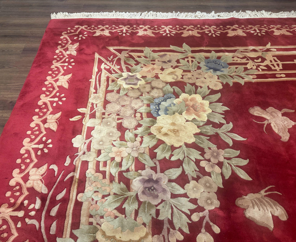 Palace Size Chinese Wool Rug 12x18, Red Art Deco Chinese Carving Carpet, Butterflies Flowers - Jewel Rugs, view 7