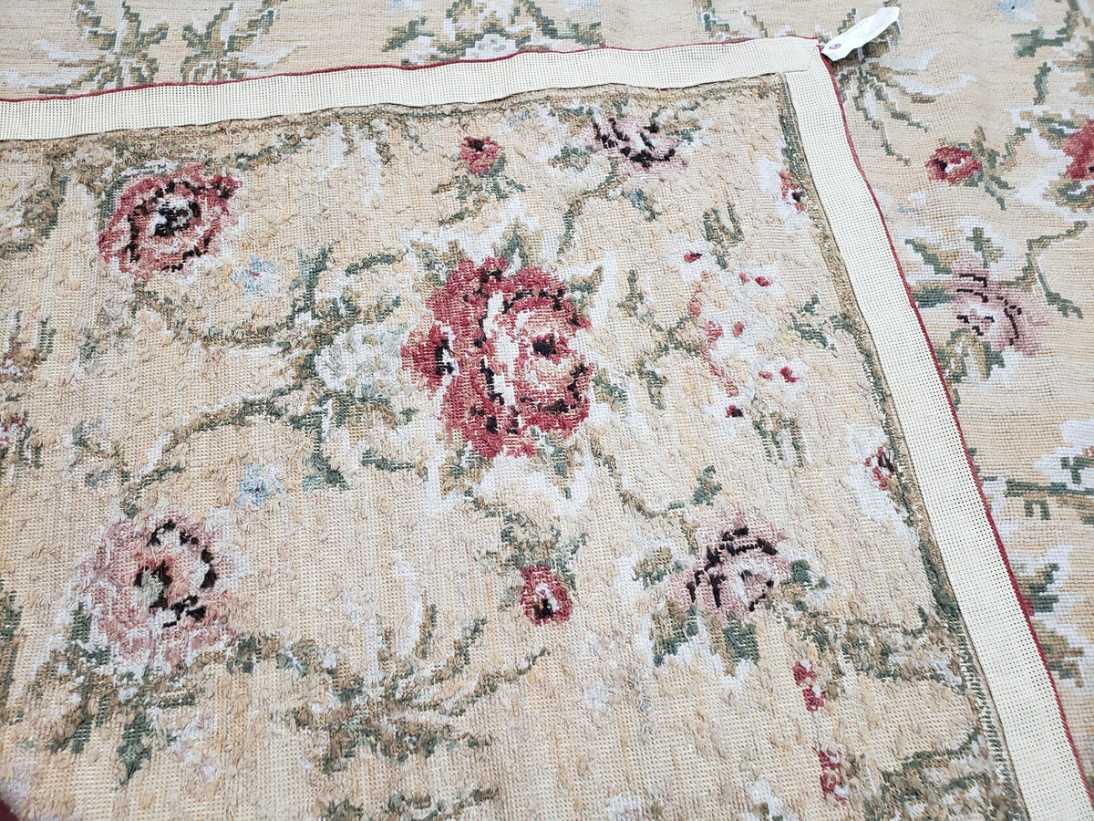 Needlepoint Rug 10x14 Wool Flatweave Carpet, English Floral Pattern, Pale Yellow, Roses, Allover Pattern, Handmade Large Needlepoint Nice - Jewel Rugs, view 11