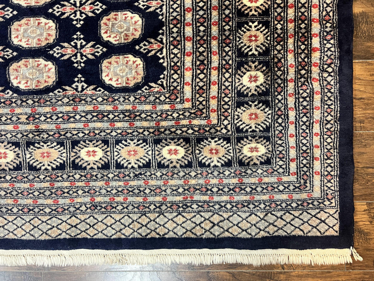 Pakistani Bokhara Rug 8x10, Turkoman Carpet, Dark Blue and Beige, Vintage Handmade Wool Carpet - Jewel Rugs, view 10
