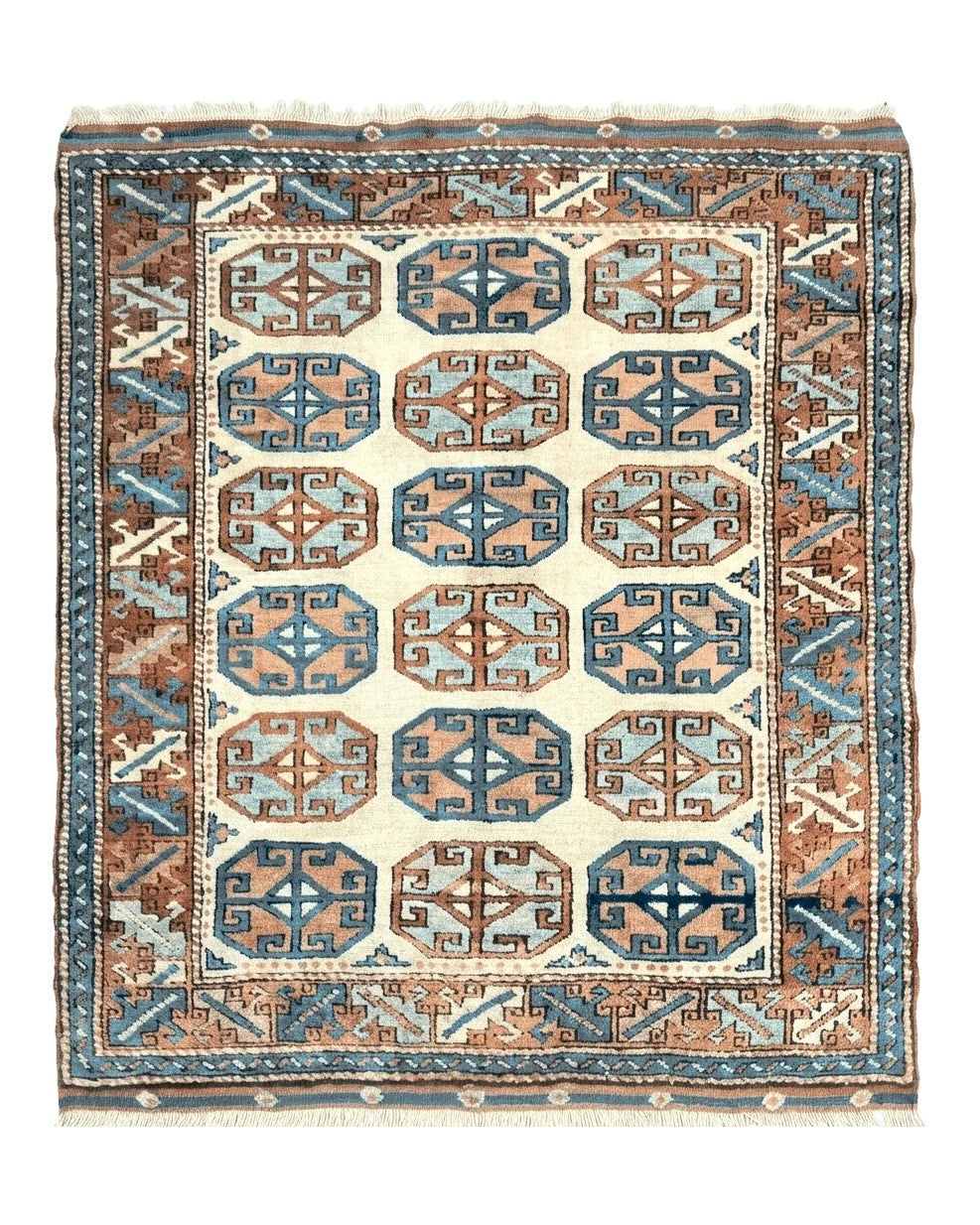 Turkish Kazak Rug 3x4, Wool Hand Knotted Handmade Vintage Carpet, Geometric Tribal Repeated Motif, Small 3 x 4 Antique Rug, Cream Red - Jewel Rugs