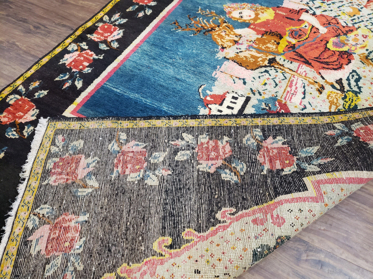 Antique Persian Pictorial Rug 4'6" x 9', Wool Hand-Knotted Blue Roses Karabagh Caucasian Carpet, 1920s Girl Deer Tapestry Wall Hanging Rug - Jewel Rugs, view 10