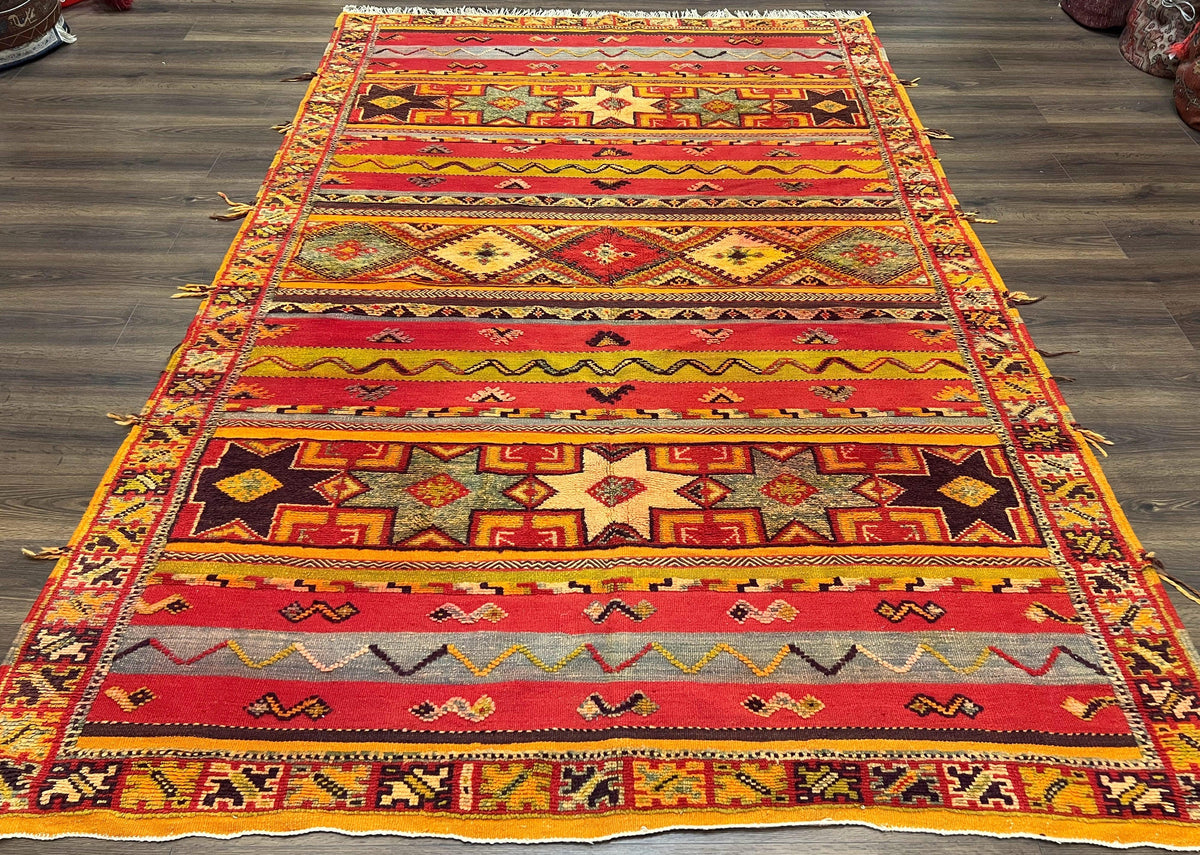Unique Moroccan Rug 7x10, Room Sized Carpet, Red Orange Gray, Wool Oriental Striped Geometric Tribal Boho Rug, Flatweave with Raised Pile - Jewel Rugs, view 2