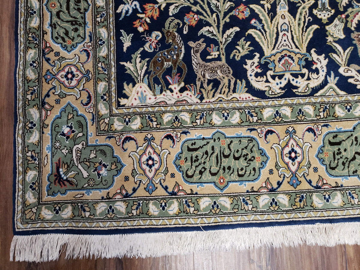 Semi Antique Persian Qum Tree of Life Rug, Hand-Knotted, Wool, Midnight Blue and Tan, Animal Pictorials, Written Poem in Borders, 4' 8" x 7' 8" - Jewel Rugs, view 8