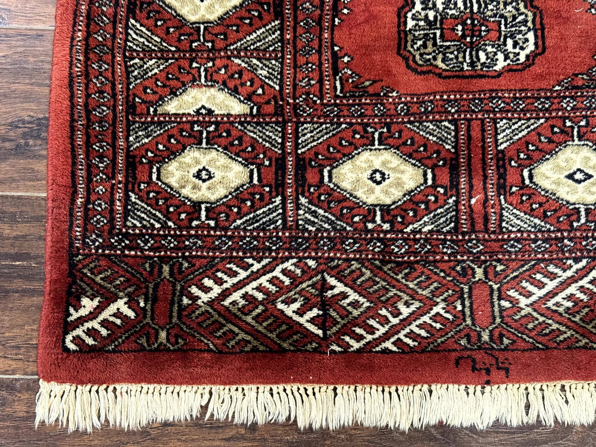 Red Pakistani Turkoman Rug 3x5, Bokhara Design, Vintage, Signed - Jewel Rugs, view 9