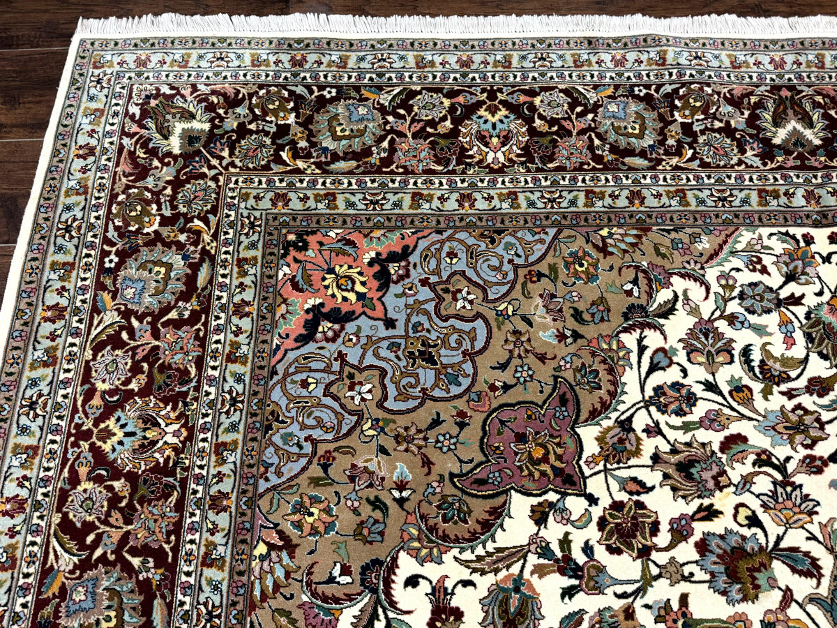Persian Tabriz Rug 8x11, Floral Medallion Traditional Area Rug, Fine 300 KPSI, Ivory Maroon - Jewel Rugs, view 6