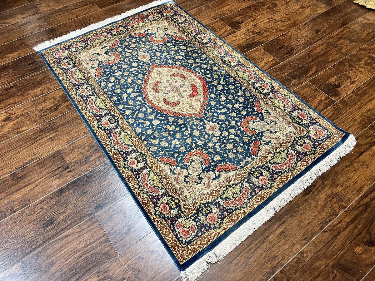 Magnificent Persian Qum Silk Rug 3x5, Blue, Super Fine 675 KPSI - 70 Raj, Floral Roses, Handmade Vintage Silk Carpet, Masterpiece - Jewel Rugs, view 2