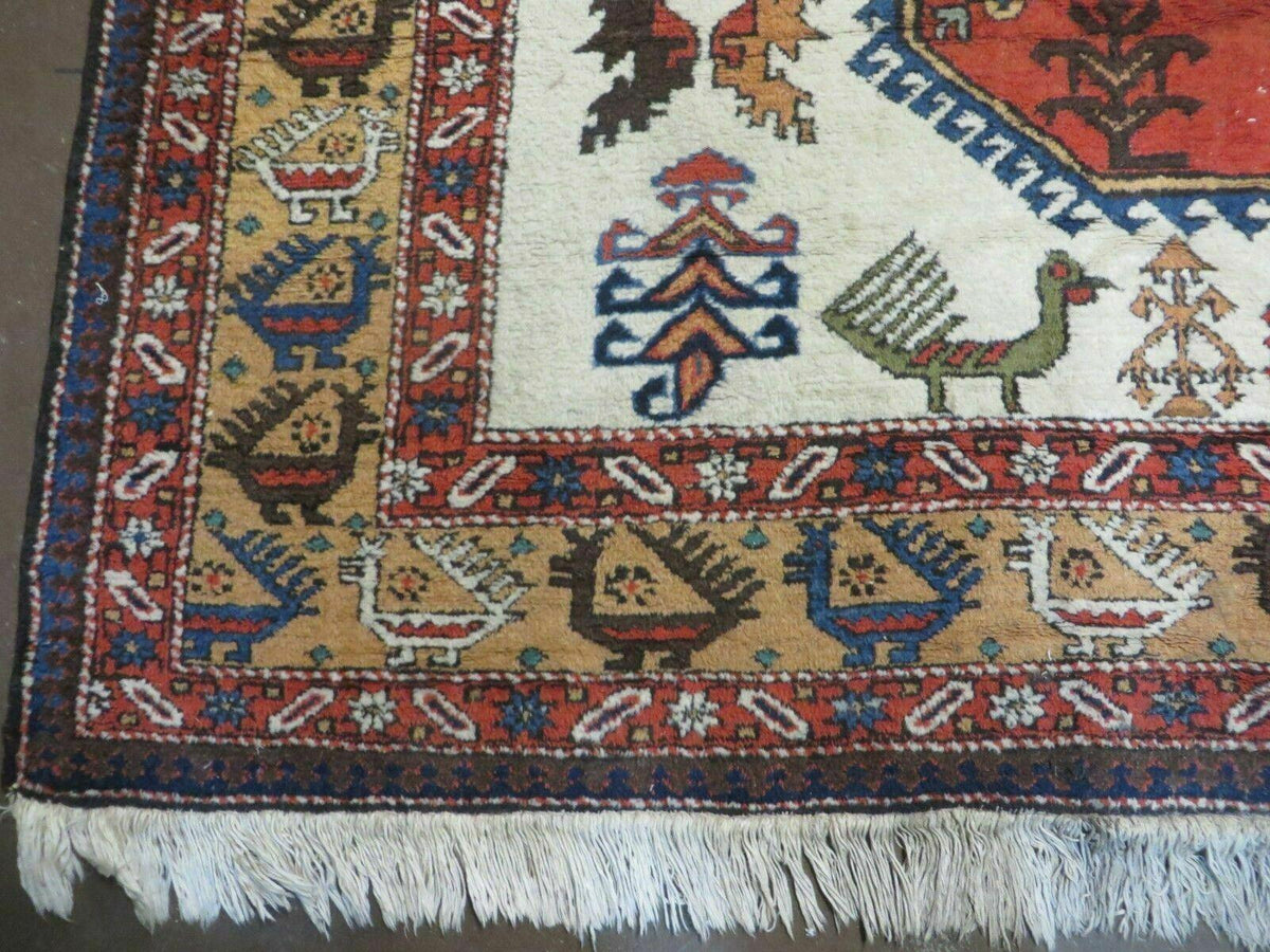 7' X 10' Vintage Handmade Knotted Turkish Wool Rug Birds Animal Ivory Organic - Jewel Rugs, view 9