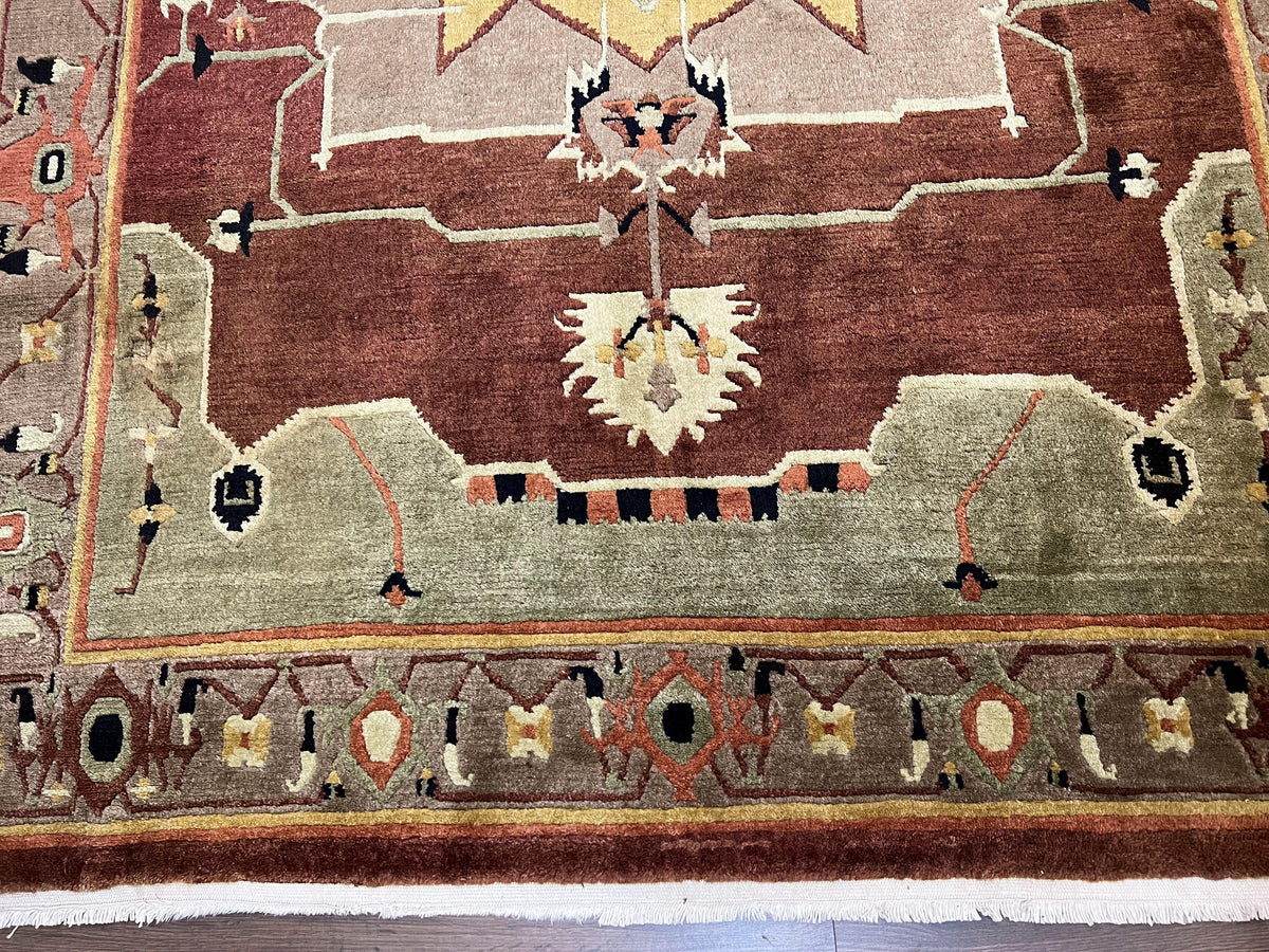 Tibetan Rug 7x10, Geometric Medallion, Red Green Taupe, Hand Knotted, Soft Wool Area Rug, Contemporary Carpet, Handmade Nepali Rug 7 x 10 ft - Jewel Rugs, view 6