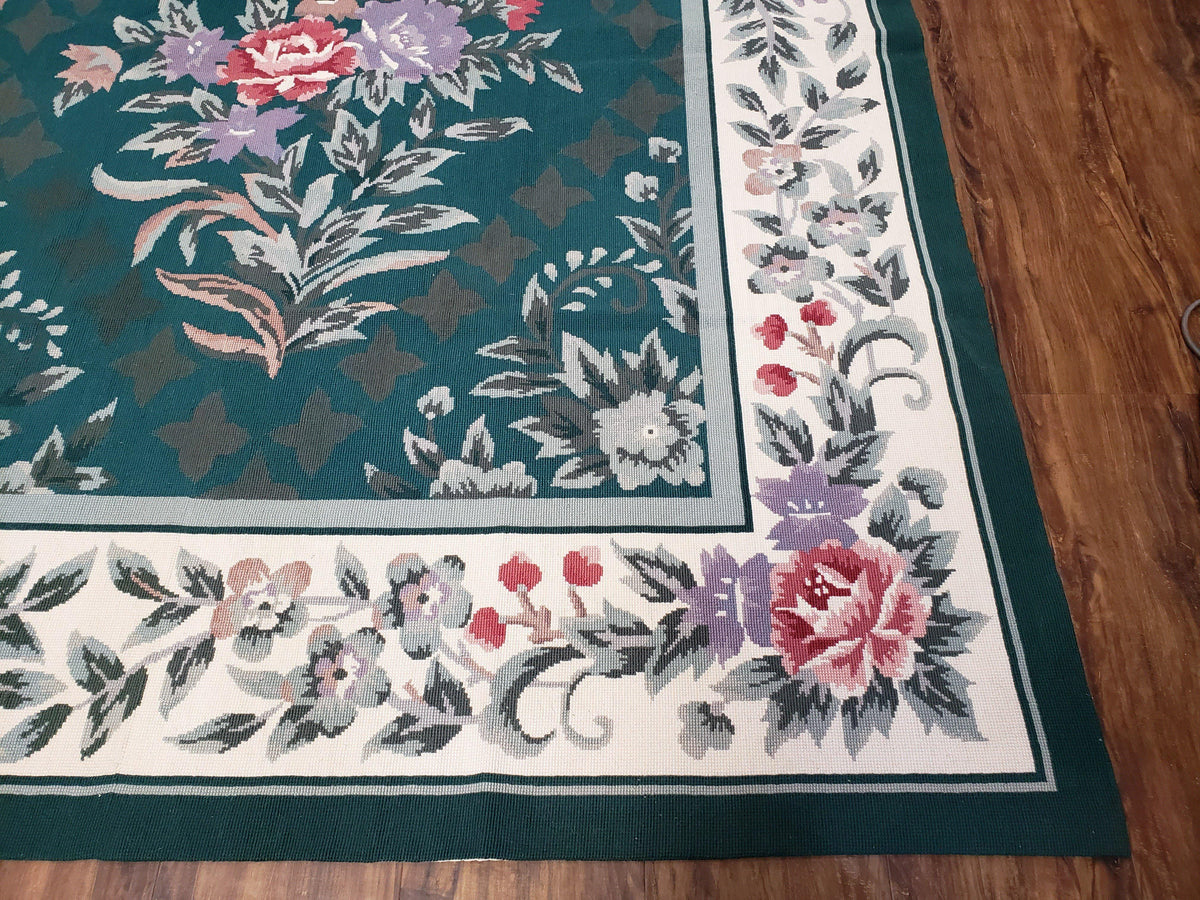 Chinese Needlepoint Rug 8x10, Vintage Green Area Rug, Hand-Woven Flatweave Floral European Design Carpet Wool Handmade 8x 10 Living Room Rug - Jewel Rugs, view 10