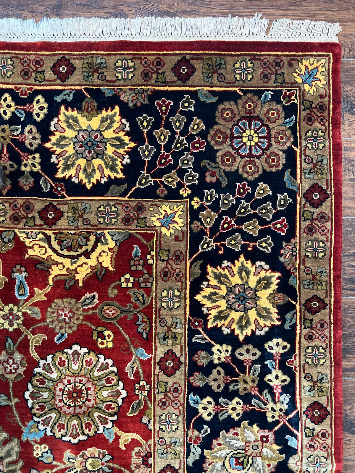 Indo Persian Rug 9x12, Hand Knotted Traditional Indian Wool Oriental Carpet 9 x 12 ft, Maroon and Navy Blue, Floral Allover 9x12 Vintage Rug - Jewel Rugs, view 7