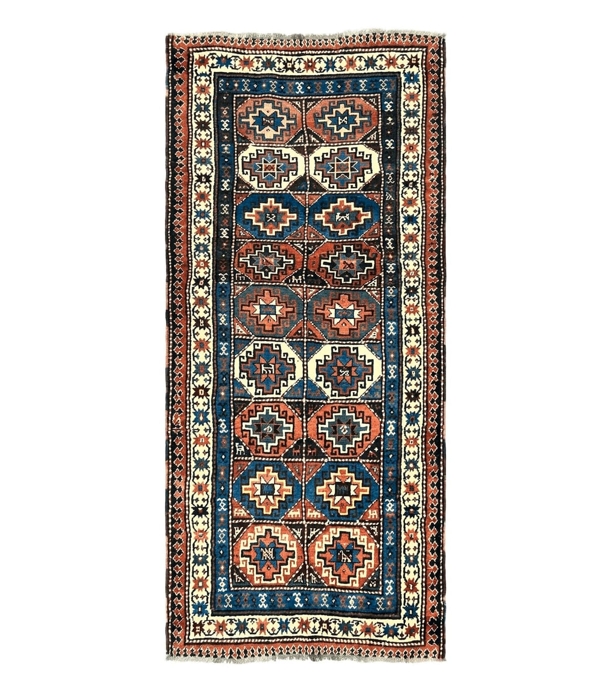 Antique Caucasian Kazak Runner Rug 4 x 9.5, Handmade Wool Rug for Hallway, Rare Colorful Panel Design Mid 19th Century 1870s Oriental Carpet - Jewel Rugs