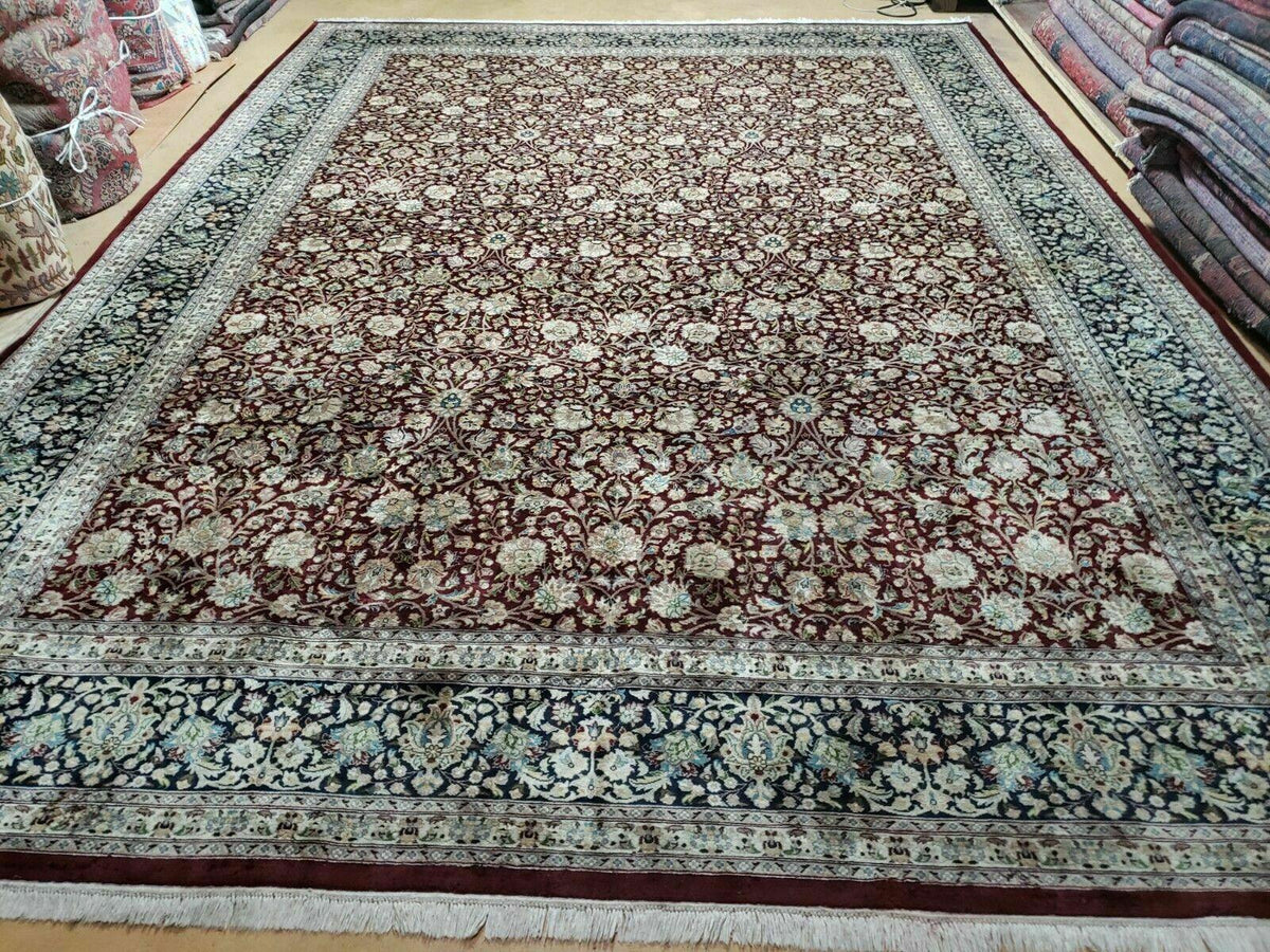 Persian Rug 9x12, Floral Allover, Very Fine, Handmade, Room Sized Oriental Carpet, Sino Persian, Maroon and Navy Blue - Jewel Rugs, view 2