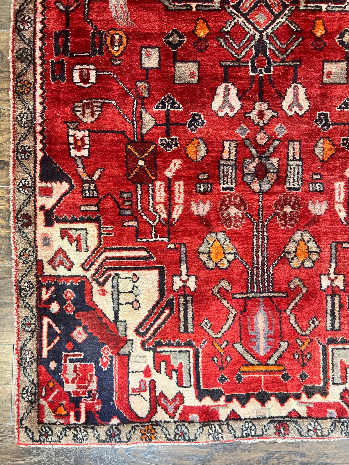 Antique Persian Tribal Rug 4 x 8, Geometric Medallion, Boho Rug, Wool Handmade Rug, Red 4x8 Rug, Persian Hamadan Rug - Jewel Rugs, view 9