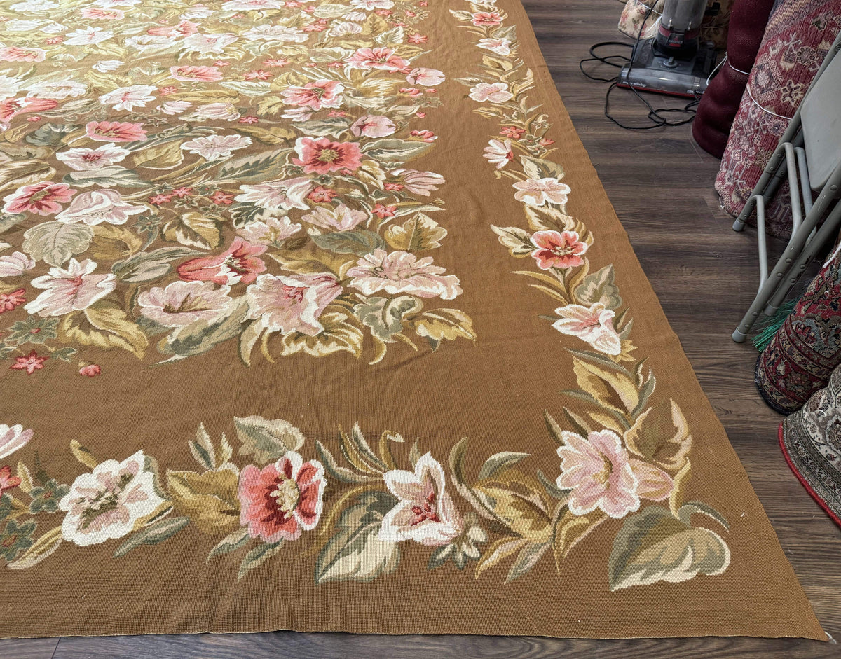 Large Needlepoint Rug 11x14, Vintage Floral Wool Carpet, Caramel - Jewel Rugs, view 9