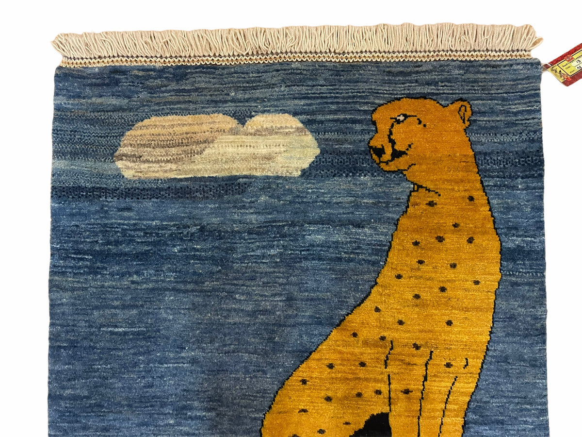 3 x 5 Handmade New Vintage Wool Blue Rug Leopard Lion Jaguar Deer Organic Dyes - Jewel Rugs, view 4