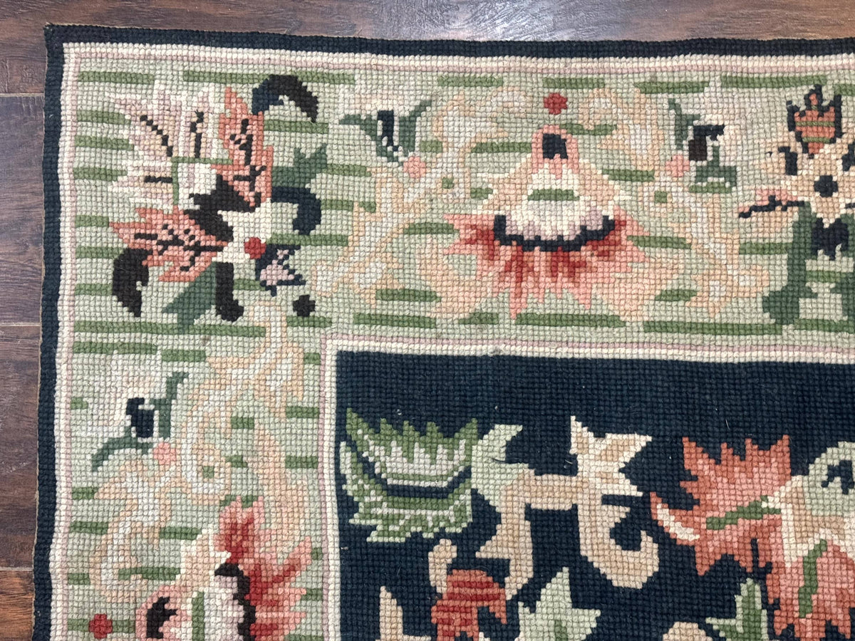 Vintage American Needlepoint Rug 4x6, Dark Green, Wool, Handmade, Flatweave Carpet - Jewel Rugs, view 6