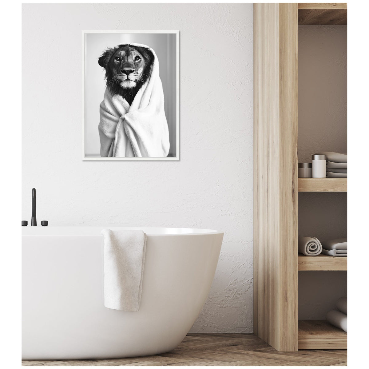 Sylvie Lioness Bathroom Art Towel Robe Black and White Framed Canvas by The Creative Bunch Studio