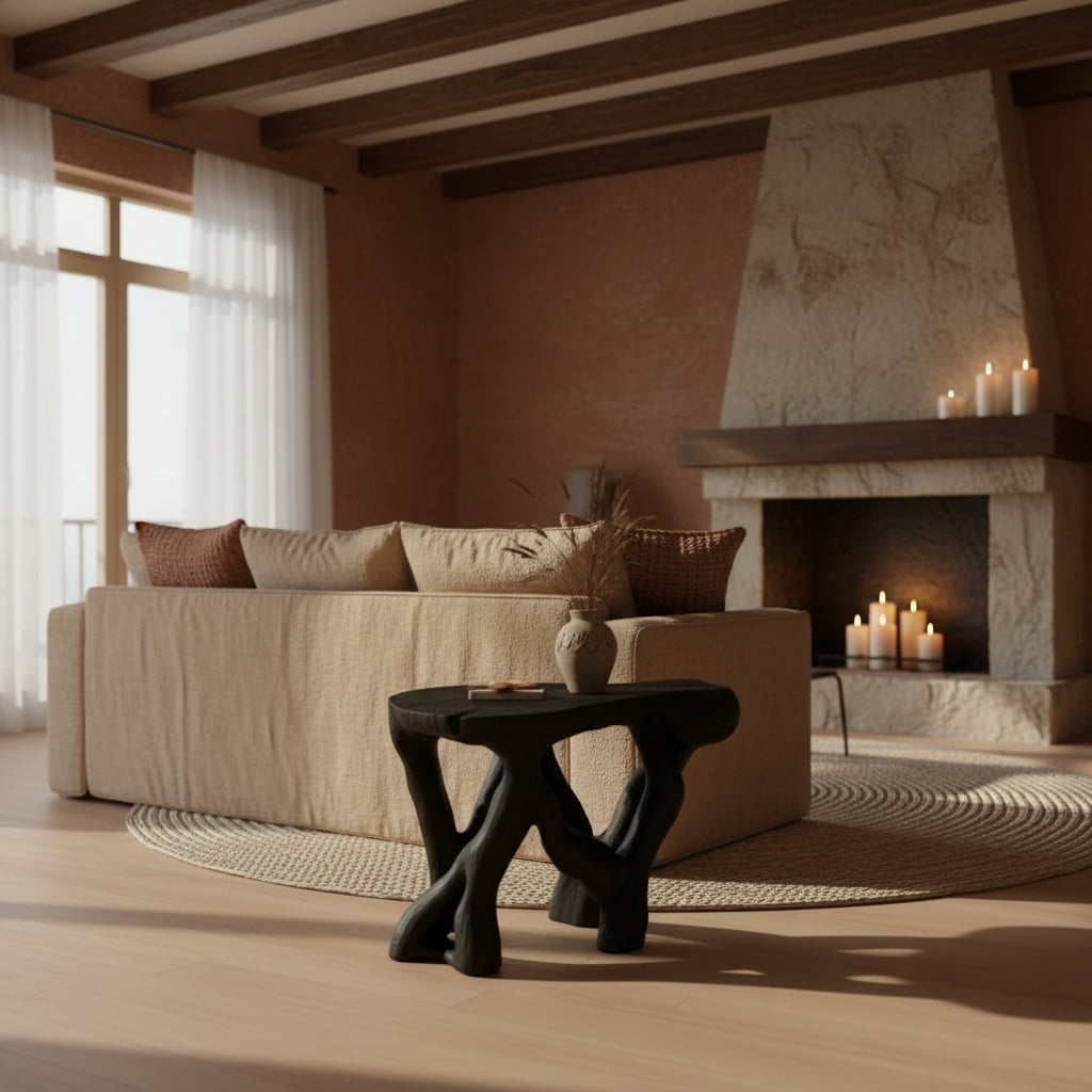 Rustic Sculptural Coffee Table, Burnt Black Wood, Carved, Unique, Logniture