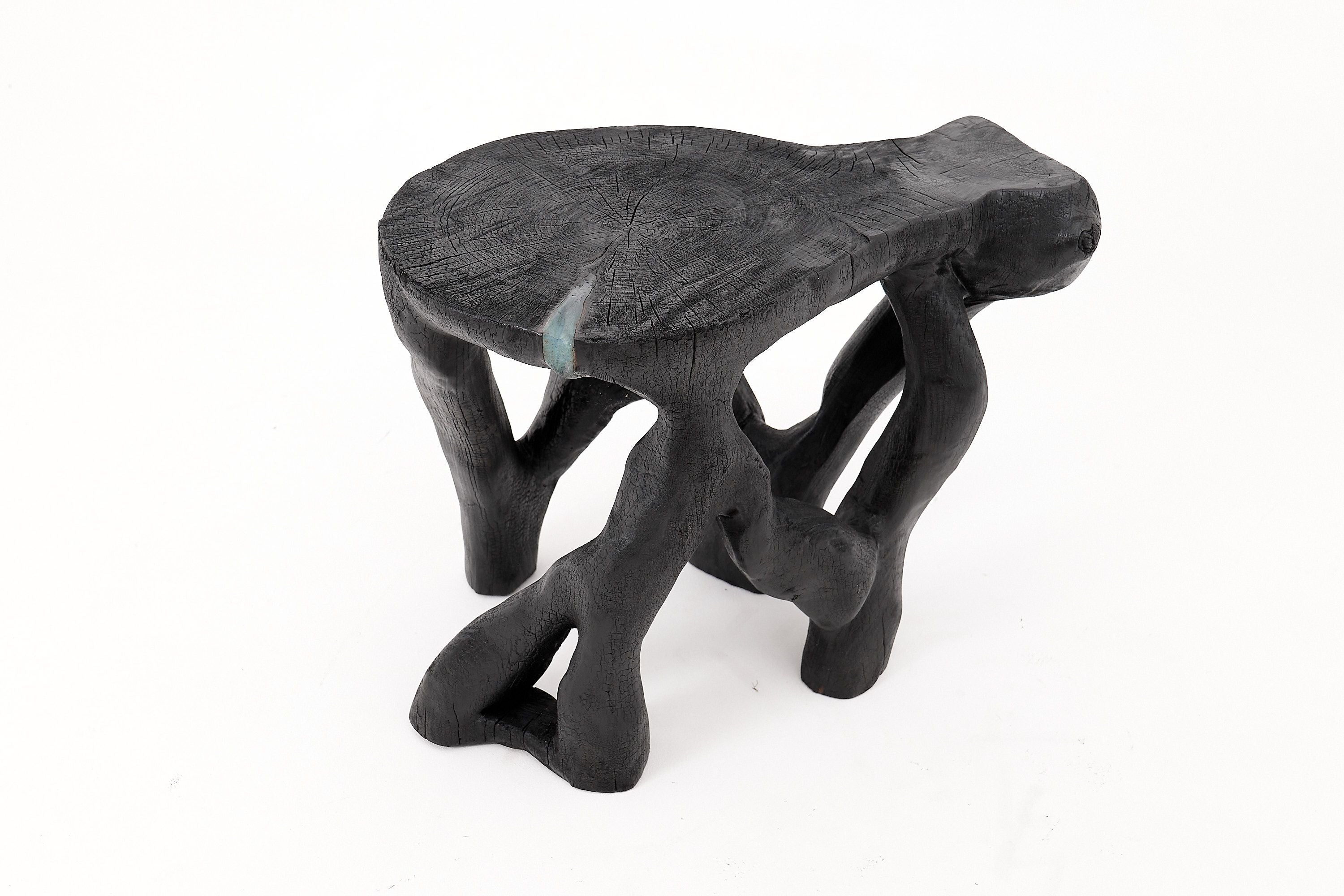 Rustic Sculptural Coffee Table, Burnt Black Wood, Carved, Unique, Logniture