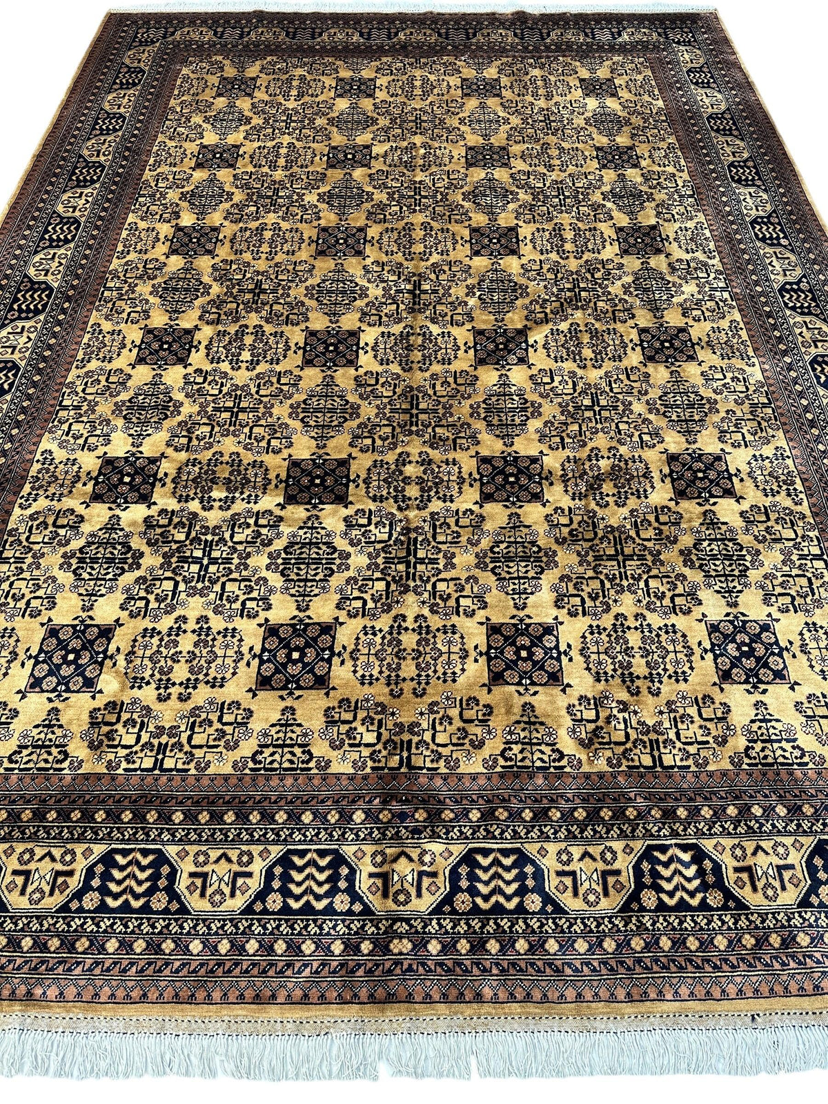 Afghan Turkmen Rug 8x12 | Gold, Navy & Ivory | Hand-Knotted Wool - Rugistan, view 2