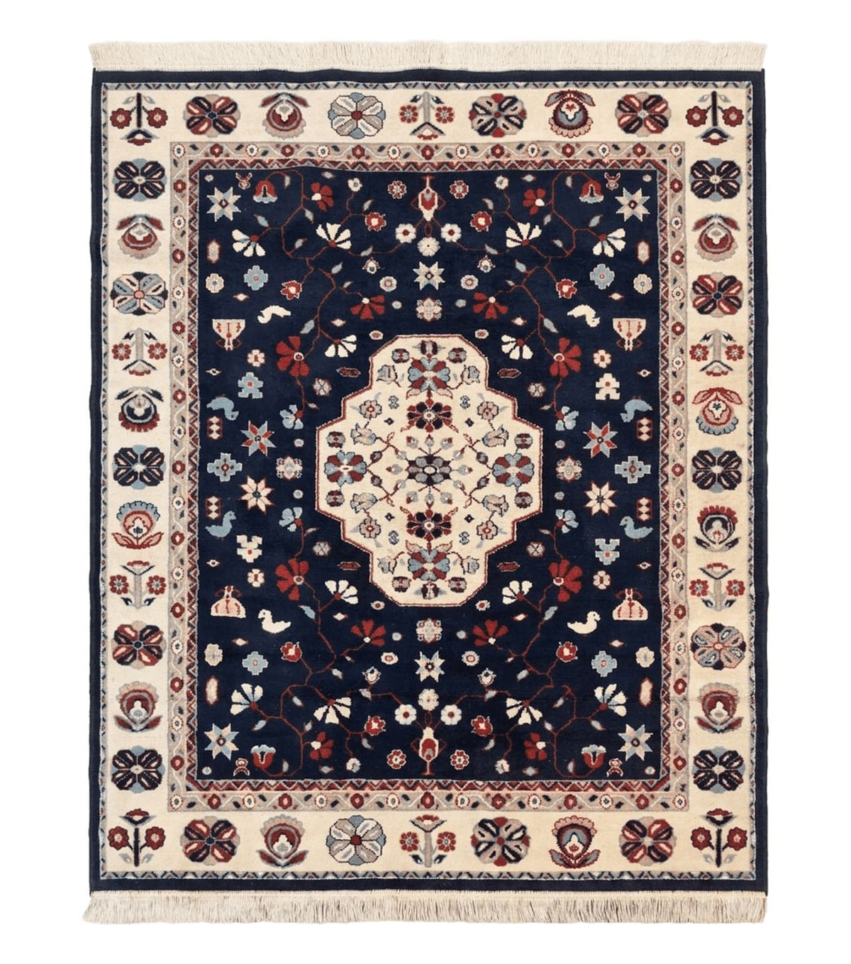 Belgium Power Loomed Rug 5.6 x 7, Navy Blue and Ivory, Heriz Pattern, Vintage Oriental Carpet - Jewel Rugs