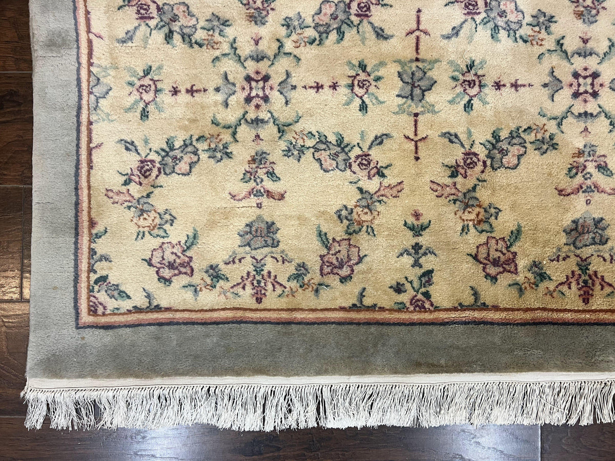 Sino Persian Rug 8x10, Floral, Oatmeal and Light Teal, Handmade Wool Vintage Carpet - Jewel Rugs, view 9