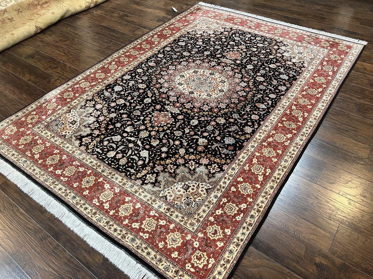 Marvelous Persian Tabriz Rug 7x10 ft, Super Fine 50 Raj, 300+ KPSI, Black and Rust Red, Floral Medallion Handmade Wool Oriental Carpet, Top Quality - Jewel Rugs, view 3
