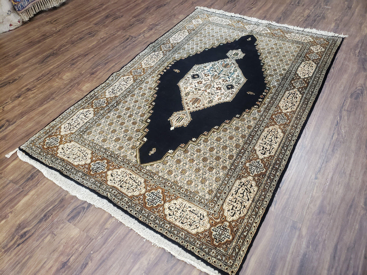 Persian Silk Qum Rug, Silk on Silk, Black Golden Brown and Beige, Hand-Knotted, 3'6" x 5' 5" - Jewel Rugs, view 2