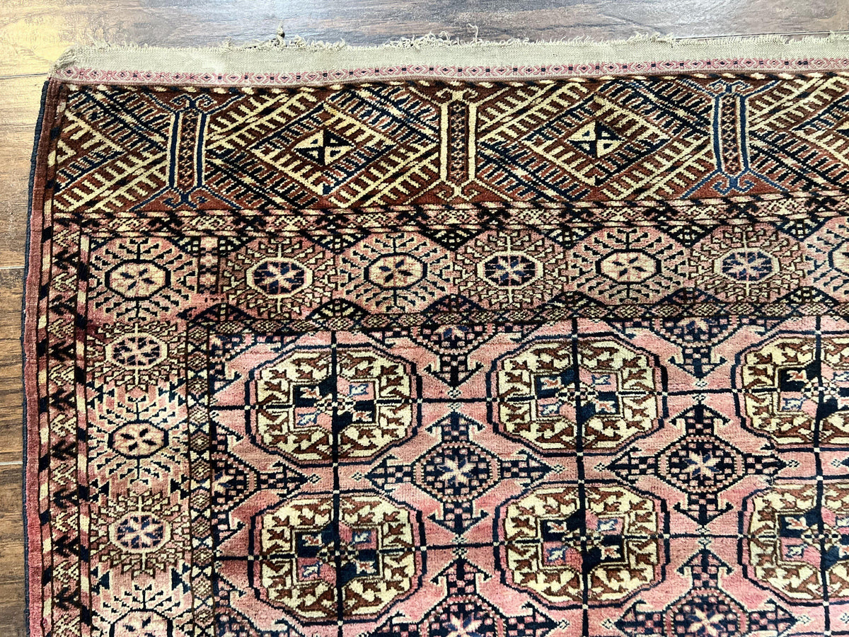 Persian Turkoman Rug 4x6, Wool Hand Knotted Antique Bokhara Carpet, Red Pink, Handmade Tribal Oriental Rug 4 x 6 ft - Jewel Rugs, view 7