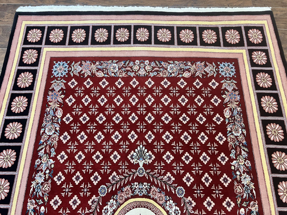 Pakistani Rug 6x9, European Aubusson Design, Wool Handmade Vintage Carpet, Dark Red, 6 x 9 Medium Sized Rug - Jewel Rugs, view 4