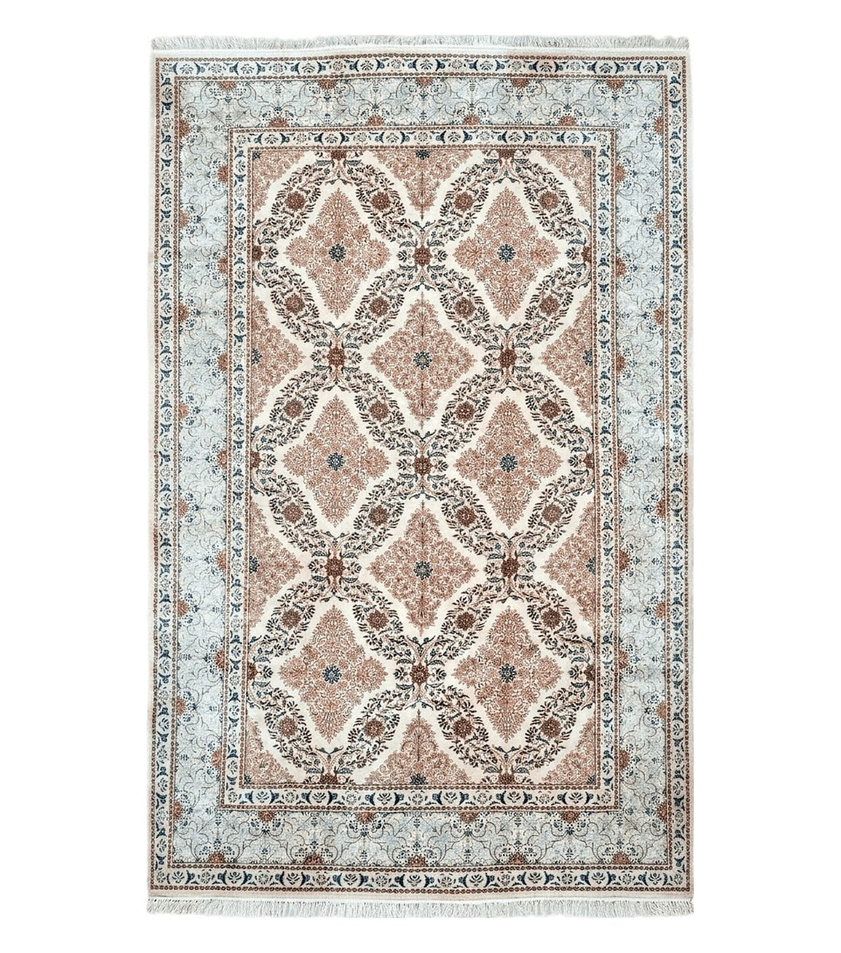 Fine Antique Persian Light Colored Kashan Carpet, 7x12, Top Quality, Rare, Ivory & Blues, Hand-Knotted, Wool - Jewel Rugs