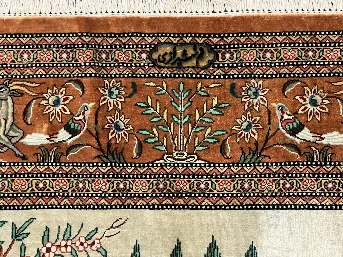 Silk Persian Qum Rug 3x5, Hunting Pattern, Handmade Vintage Carpet, Signed by Master Weaver, Horsemen Pictorials, Super Fine 650 KPSI - Jewel Rugs, view 12
