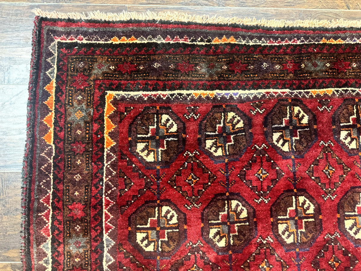 Persian Turkoman Tribal Rug 4x8, Handmade Vintage Wool Carpet, Red, Bohemian Rug - Jewel Rugs, view 7