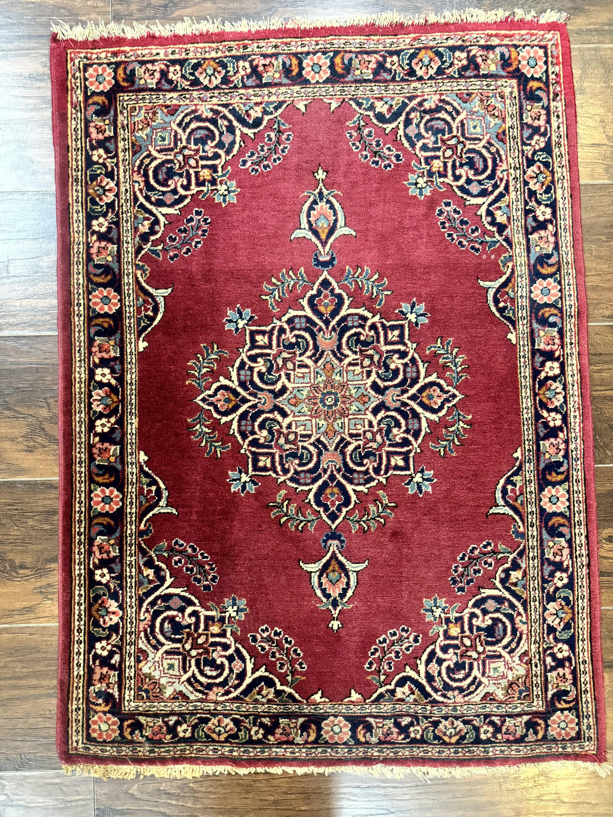 Small Persian Kashan Rug 2x3, Red and Navy Blue, Handmade Vintage Wool Semi Antique Persian Carpet, Semi Open Field, Pair B - Jewel Rugs, view 2