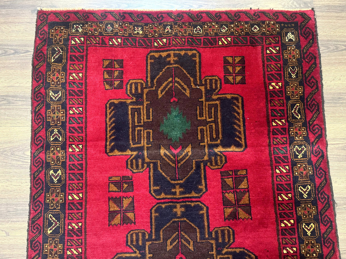 Red Afghan Balouch Rug 4x7, Triple Medallions, Handmade, New - Jewel Rugs, view 3