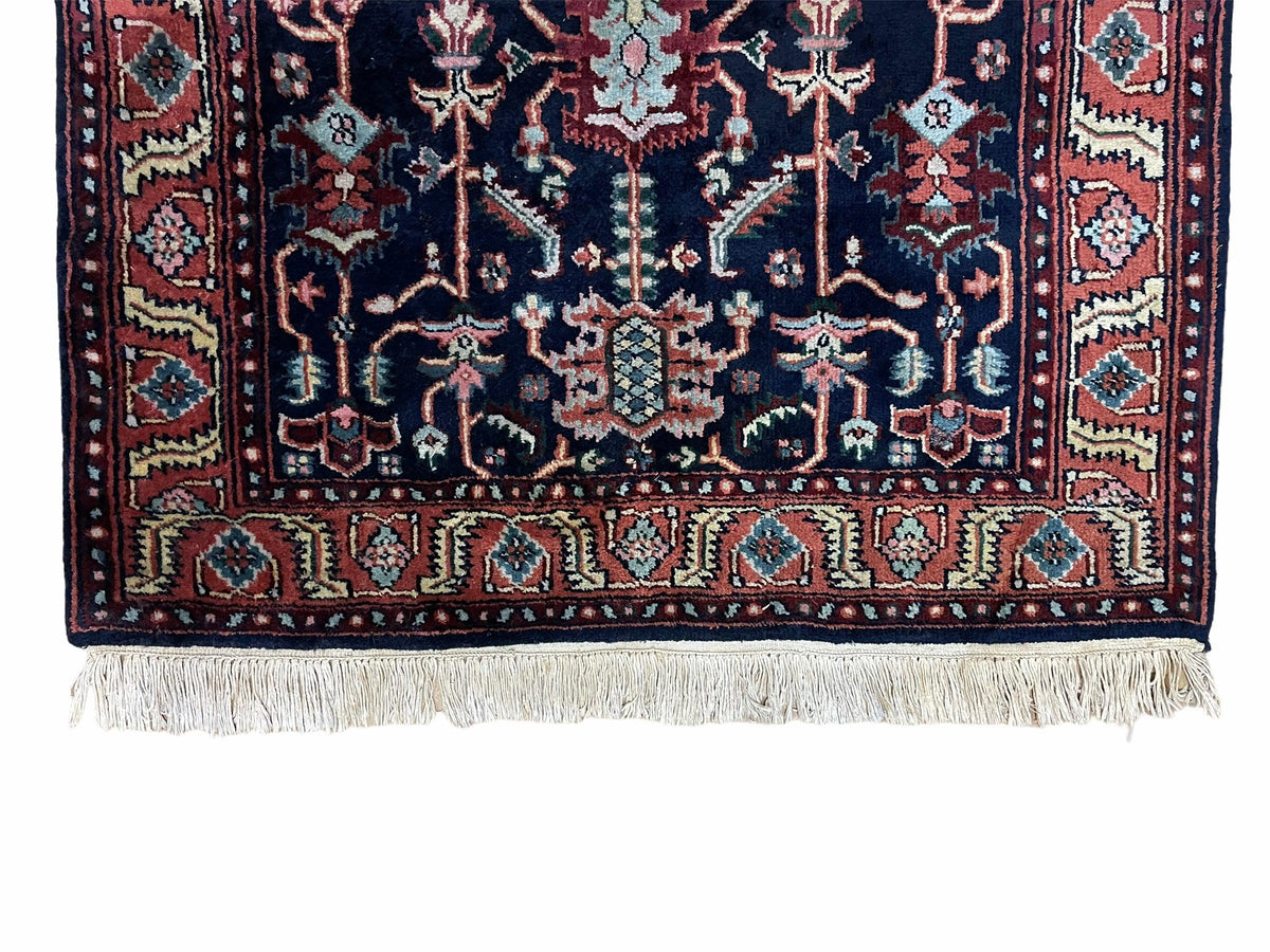 4x6 Vintage Handmade Wool Geometric Rug Organic Dyes Blue Red Hand-Knotted Rug - Jewel Rugs, view 6
