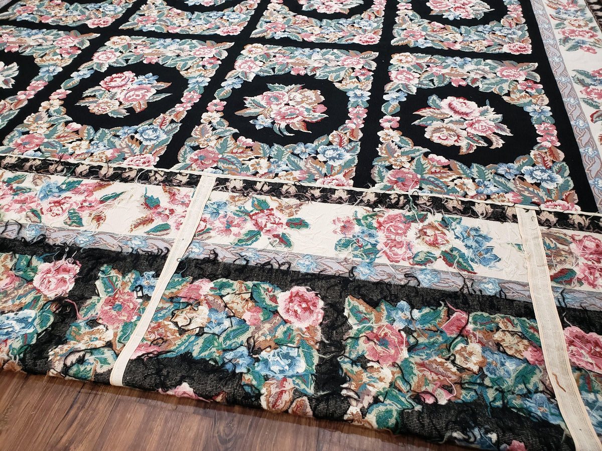 Floral Needlepoint Rug 9.5 x 13.6, Floral Panel Design, Black and Ivory Flatweave Aubusson Carpet, Multicolor - Jewel Rugs, view 11
