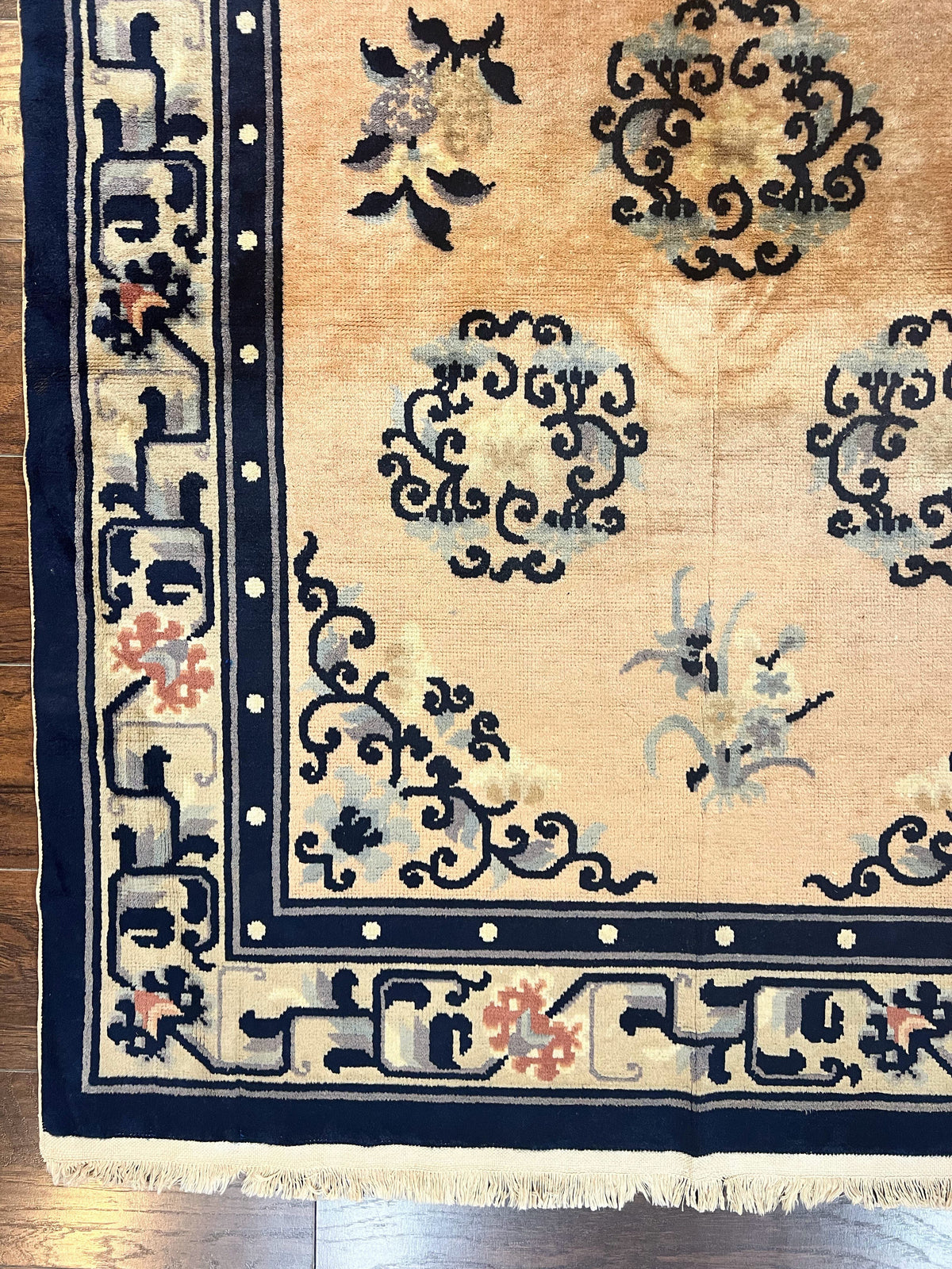Chinese Peking Rug 4x6, Wool Hand Knotted Handmade Vintage Semi Antique Carpet, Semi Open Field, Light Peach & Navy Blue, Art Deco Rug - Jewel Rugs, view 9