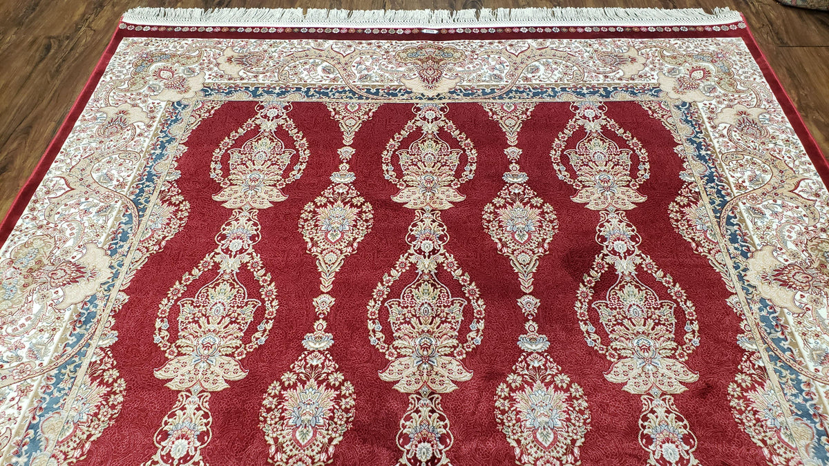 Dark Red Silk Carpet 5.3 x 7.6 ft, 5x8 Silk Rug, New Turkish Silk Carpet, Mint Condition, Beige & Red Area Rug, Bamboo Silk, High Quality - Jewel Rugs, view 12