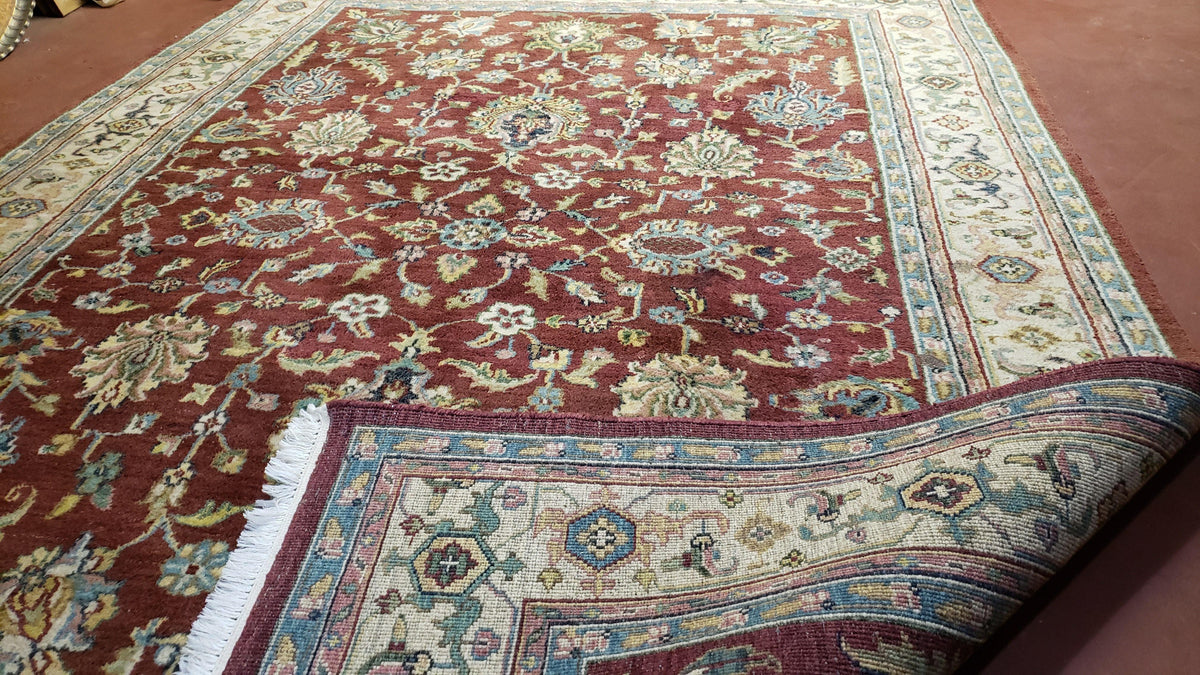 8x12 Indo-Mahal Rug, Floral Allover, Red & Beige, Wool Vintage Handmade Traditional Carpet - Jewel Rugs, view 12
