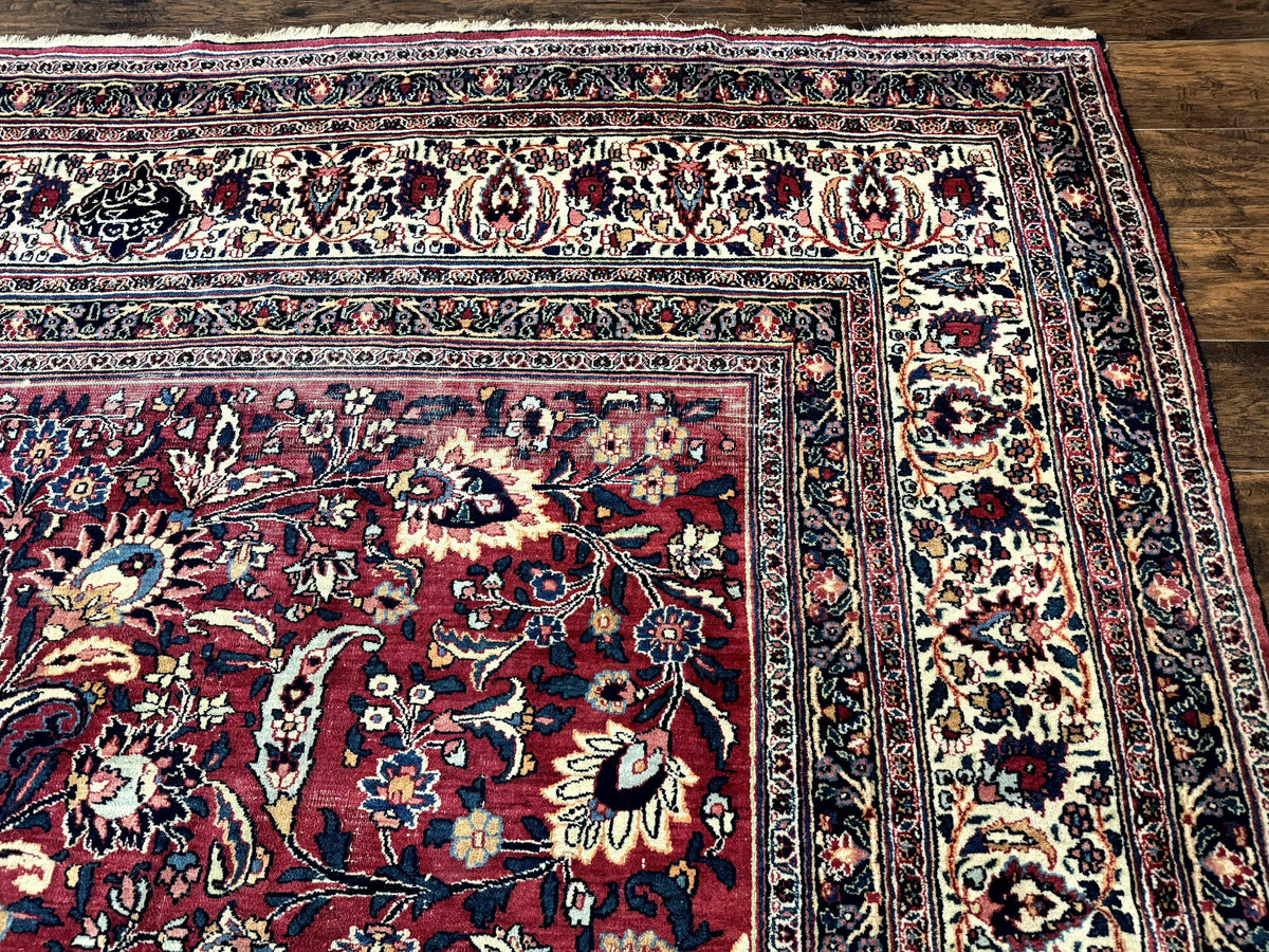 Antique Persian Mashad Rug 10x12, Red and Ivory, Signed by Master Weaver - Jewel Rugs, view 9