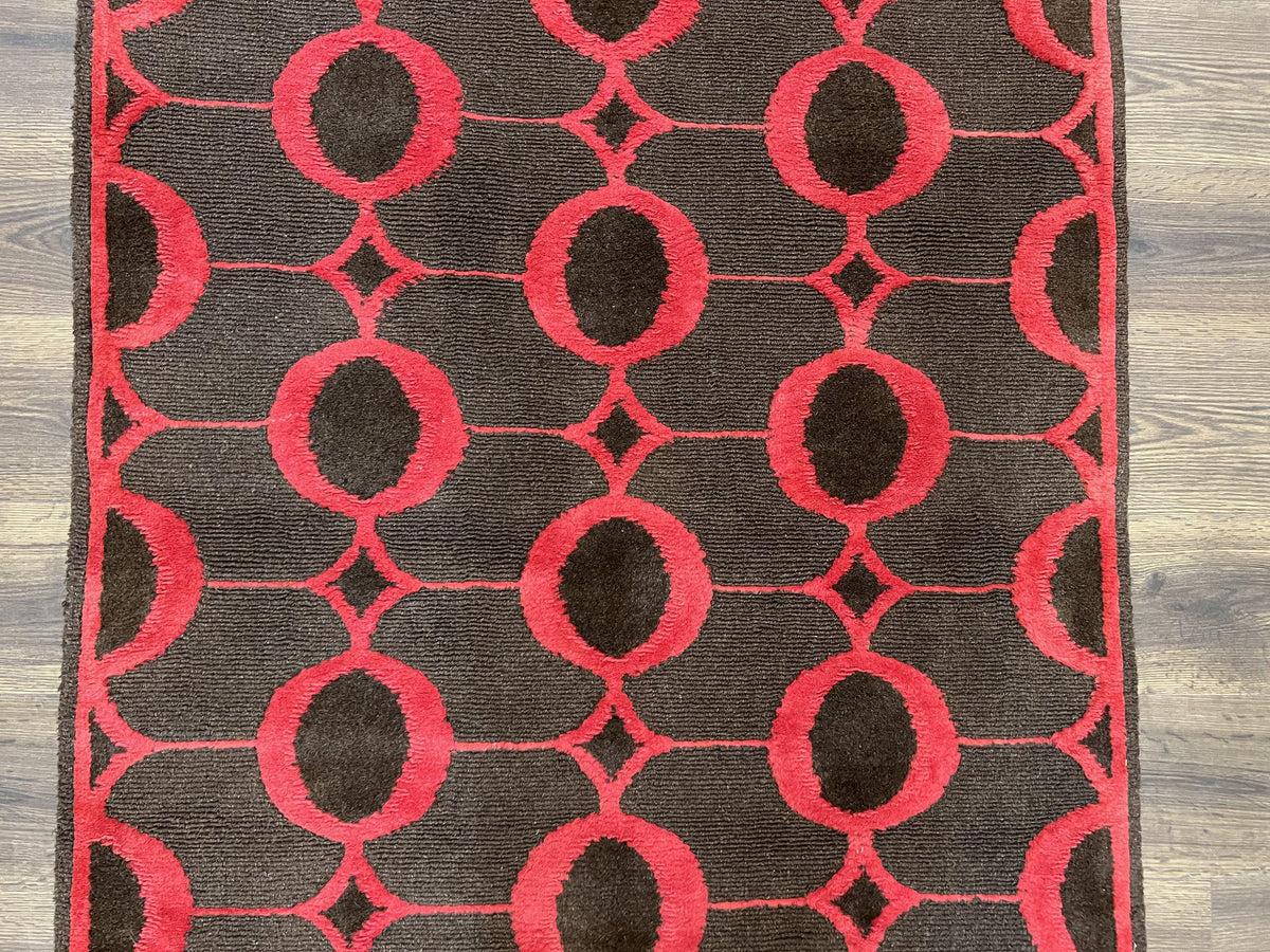 Modern Tibetan Rug 3.8 x 5.7, Raspberry Red and Dark Brown, Abstract Circle Design, Hand Knotted, Soft Wool Handmade Tibet Nepali Carpet 4x6 - Jewel Rugs, view 5
