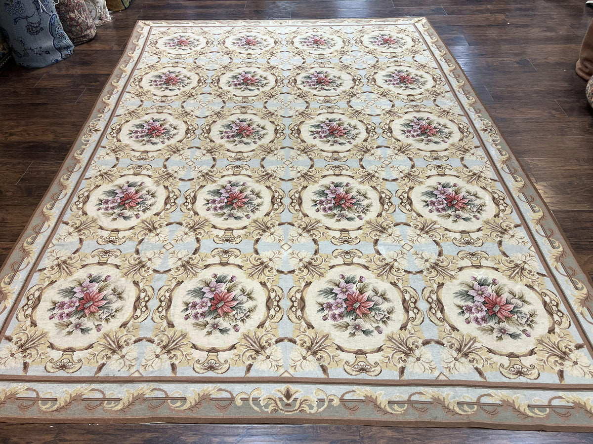 Chinese Needlepoint Rug 8x11, Handmade Wool Needlepoint Carpet, Vintage, Sky Blue - Jewel Rugs, view 2