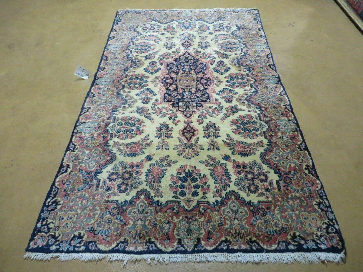 Antique Persian Kirman Rug 3.9 x 6.6, Floral Oriental Carpet, Ivory/Cream - Blue - Pink, Hand Knotted Wool Rug, Floral Medallion Rug 4x6 - Jewel Rugs, view 2