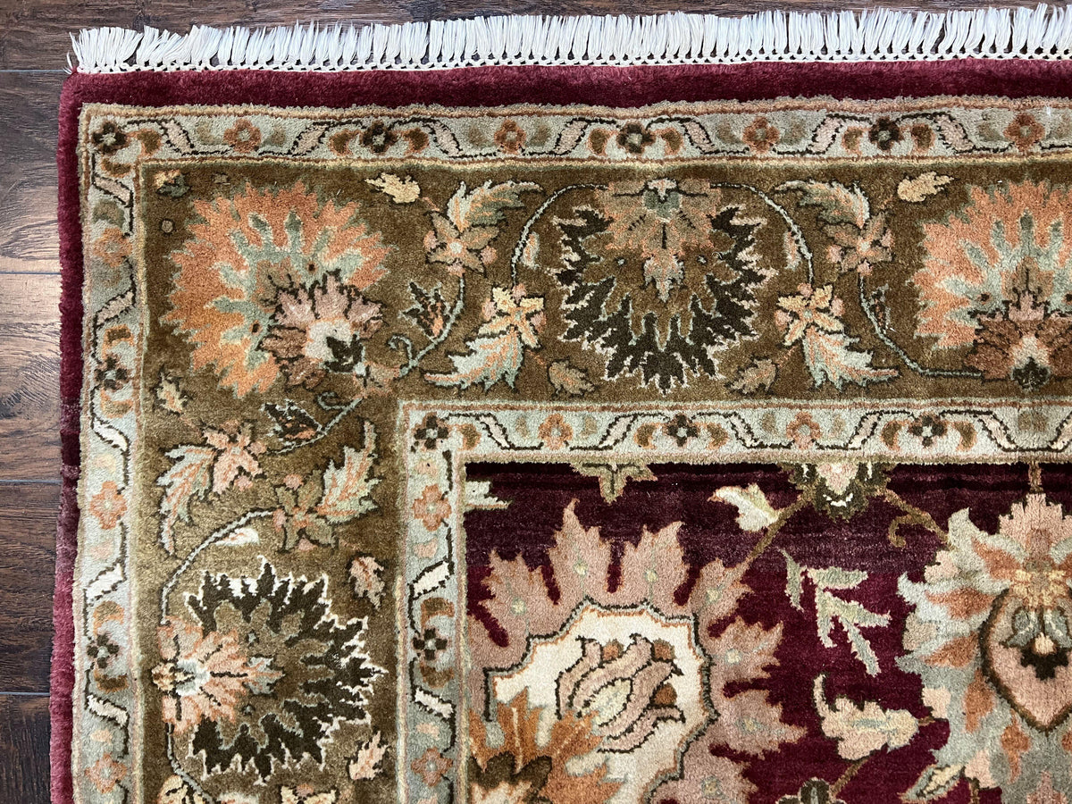 Indo Mahal Rug 6x9, Large Flowers Allover, Maroon and Green, Handmade Wool Area Rug, Vintage Rug, Indian Oriental Carpet, Hand Knotted Rug - Jewel Rugs, view 7