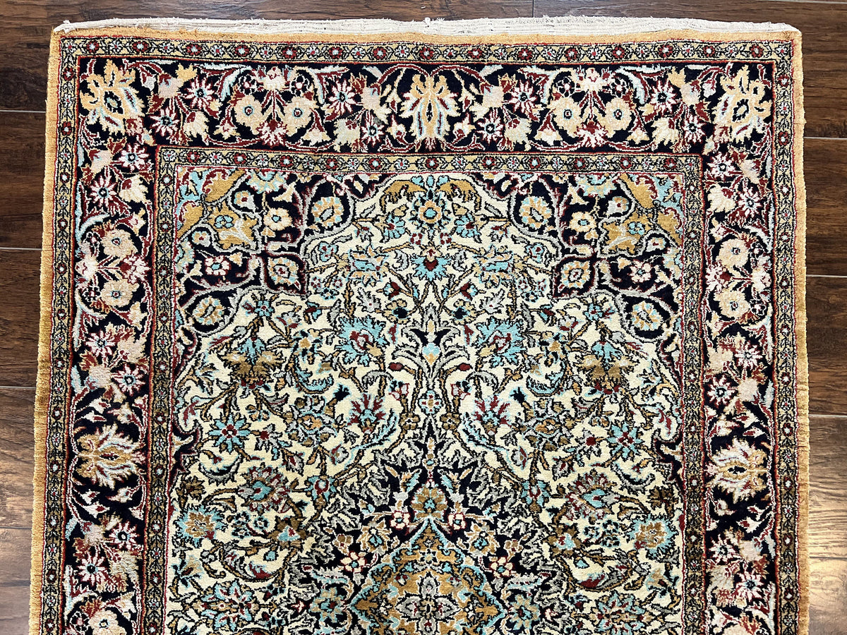 Silk Persian Qum Rug 4x5, Hand Knotted Vintage Carpet, Cream & Navy Blue, Silk Pile on Silk Foundation, Very Fine 360 KPSI - Jewel Rugs, view 3