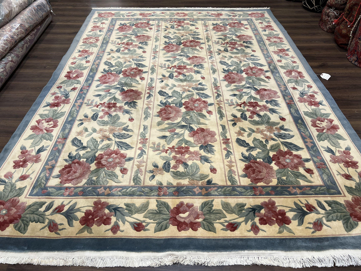 Chinese Wool Rug 8x11, Vintage 1960s Carpet, Cream and Teal, Floral Garden Panel, 8 x 11 ft Area Rug, Soft Handmade Room Sized 120 Line Rug - Jewel Rugs, view 2